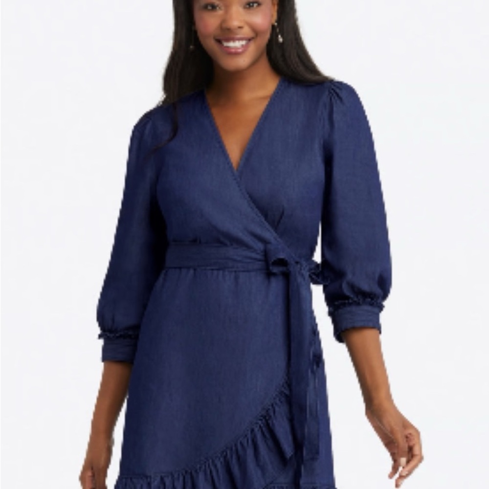Draper James Denim Blue Chambray Wrap Dress 20 - Picture 3 of 6